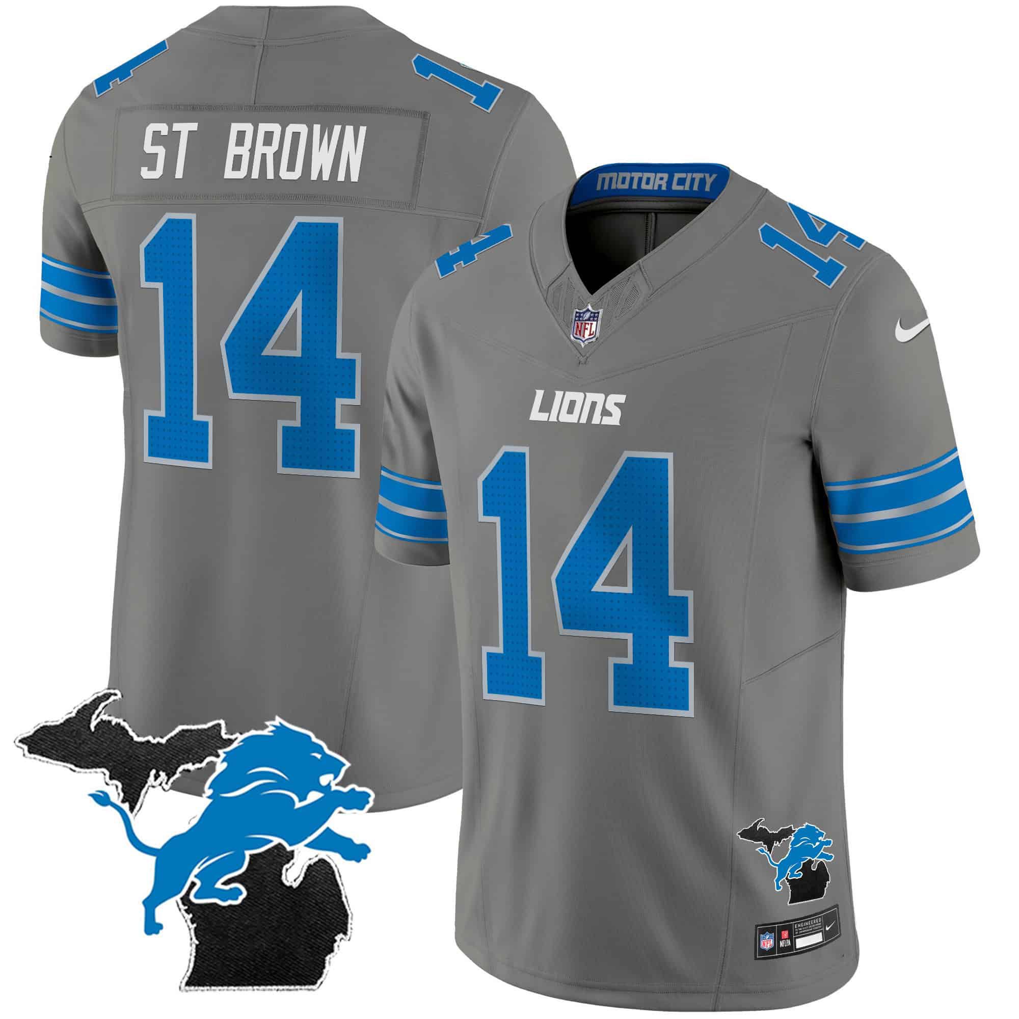 Men Detroit Lions #14 ST Brown Grey 2024 Nike Michigan Patch Vapor Limited NFL Jersey->customized nfl jersey->Custom Jersey
